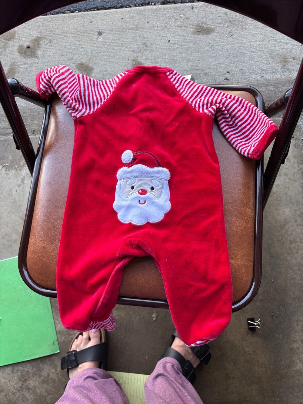 Little Me Red Santa Applique Velour Footie with Striped Sleeves